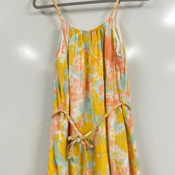 Watercolor Midi Dress Medium Tie Waist Spaghetti Strap Pastel Boho Summer - Picture 5 of 11